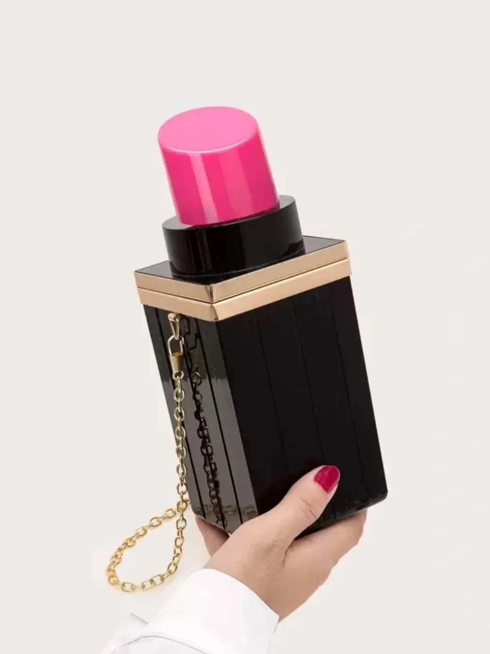 Black Lipstick-Shaped Black Clutch with Gold Chain